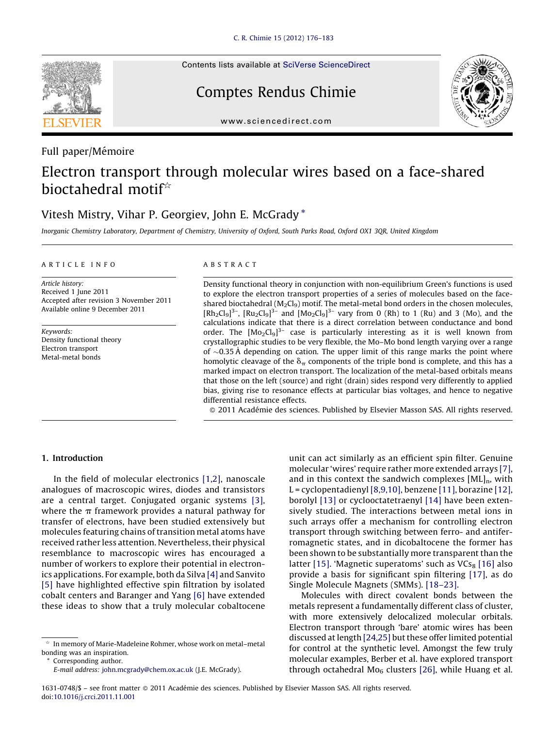 Electron transport through molecular wires based on a face-shared bioctahedral motif by Vitesh Mistry