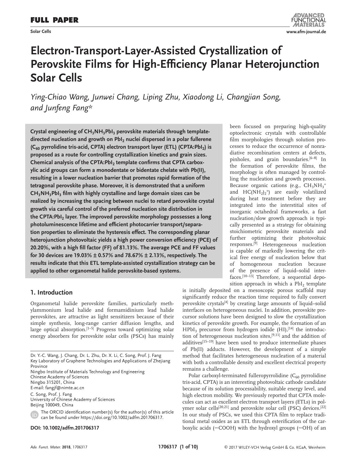 Electron‐Transport‐Layer‐Assisted Crystallization of Perovskite Films for High‐Efficiency Planar Heterojunction Solar Cells by Unknown