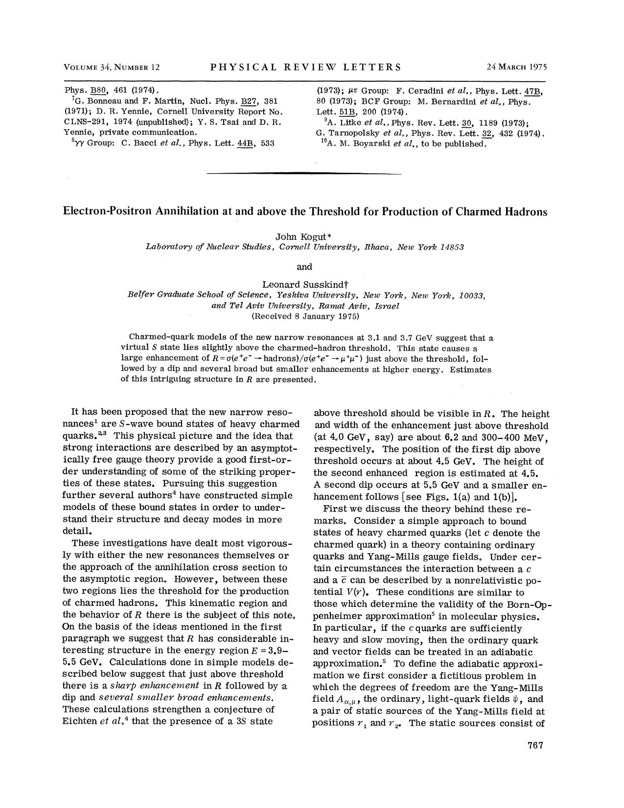 Electron-Positron Annihilation at and above the Threshold for Production of Charmed Hadrons by John Kogut & Leonard Susskind