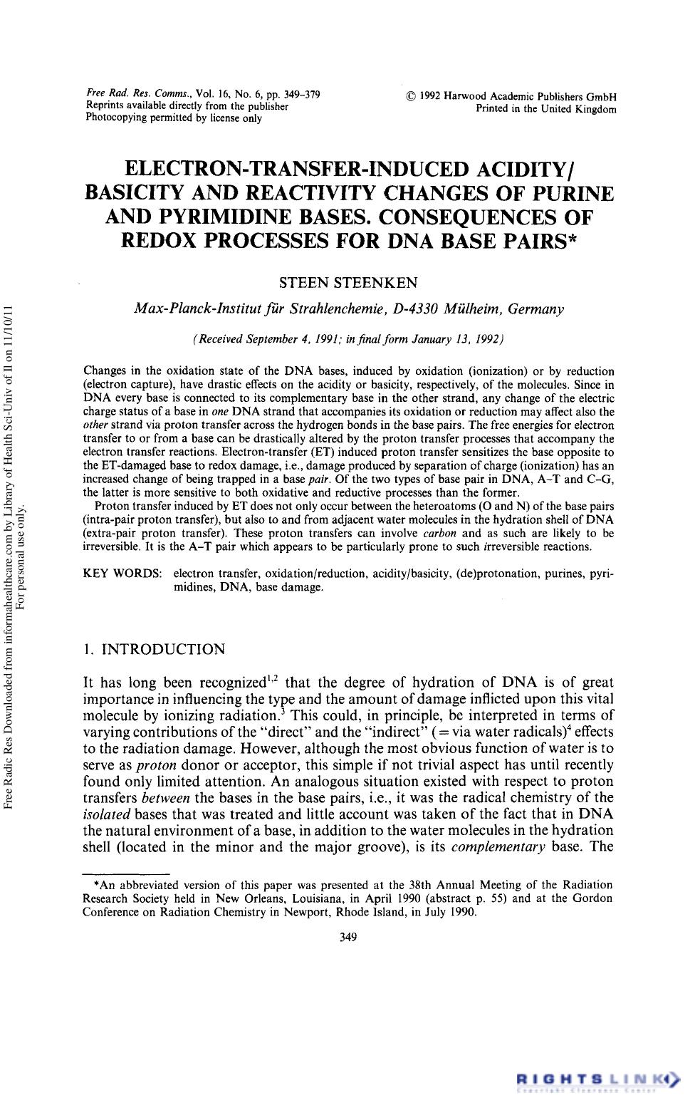 Electron-Transfer-Induced AcidityBasicity and Reactivity Changes of Purine and Pyrimidine Bases. Consequences of Redox Processes for Dna Base Pairs by Steen Steenken