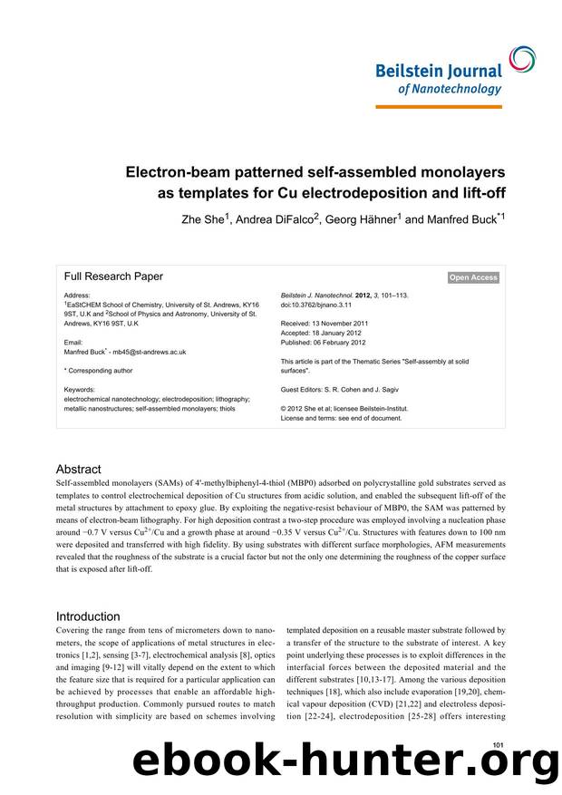 Electron-beam patterned self-assembled monolayers as templates for Cu electrodeposition and lift-off by Zhe She Andrea DiFalco Georg Hähner Manfred Buck