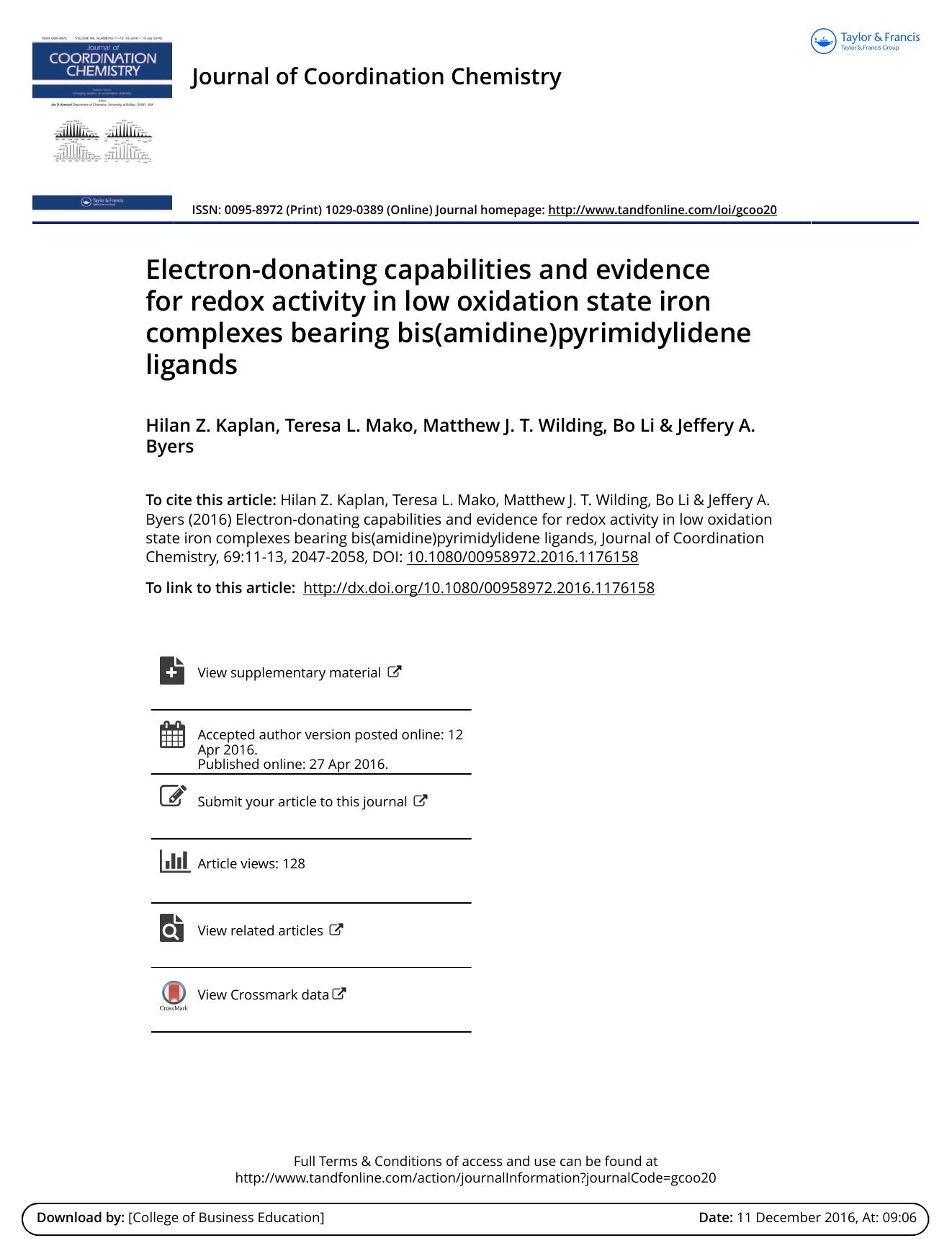 Electron-donating capabilities and evidence for redox activity in low oxidation state iron complexes bearing bis(amidine)pyrimidylidene ligands by Hilan Z. Kaplan & Teresa L. Mako & Matthew J. T. Wilding & Bo Li & Jeffery A. Byers