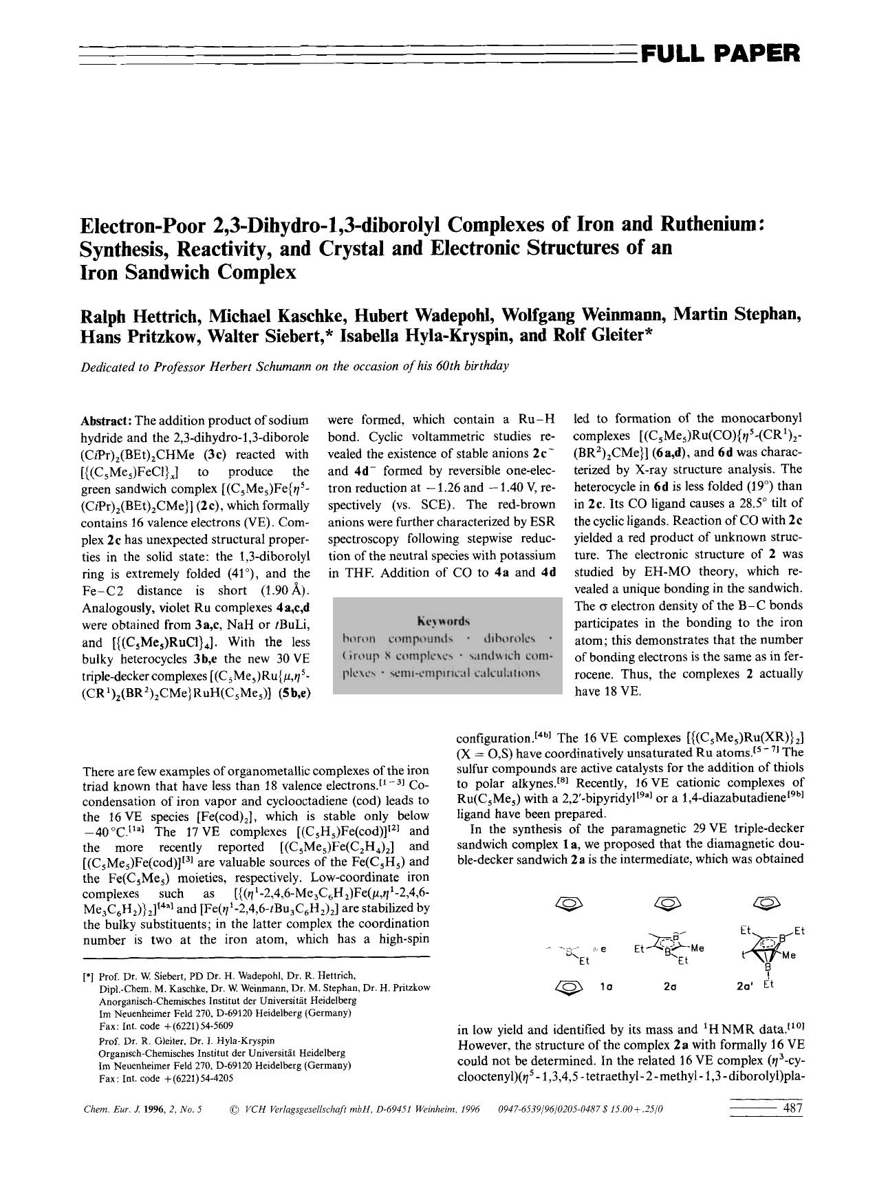 Electron-poor 2,3-Dihydro-1,3-Diborolyl Complexes of Iron and Ruthenium: Synthesis, Reactivity, and Crystal and Electronic Structures of an Iron Sandwich Complex by Unknown