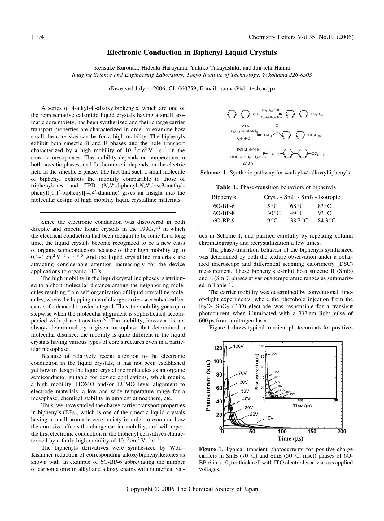Electronic Conduction in Biphenyl Liquid Crystals by Kensuke Kurotaki Hideaki Haruyama Yukiko Takayashiki and Jun-ichi Hanna