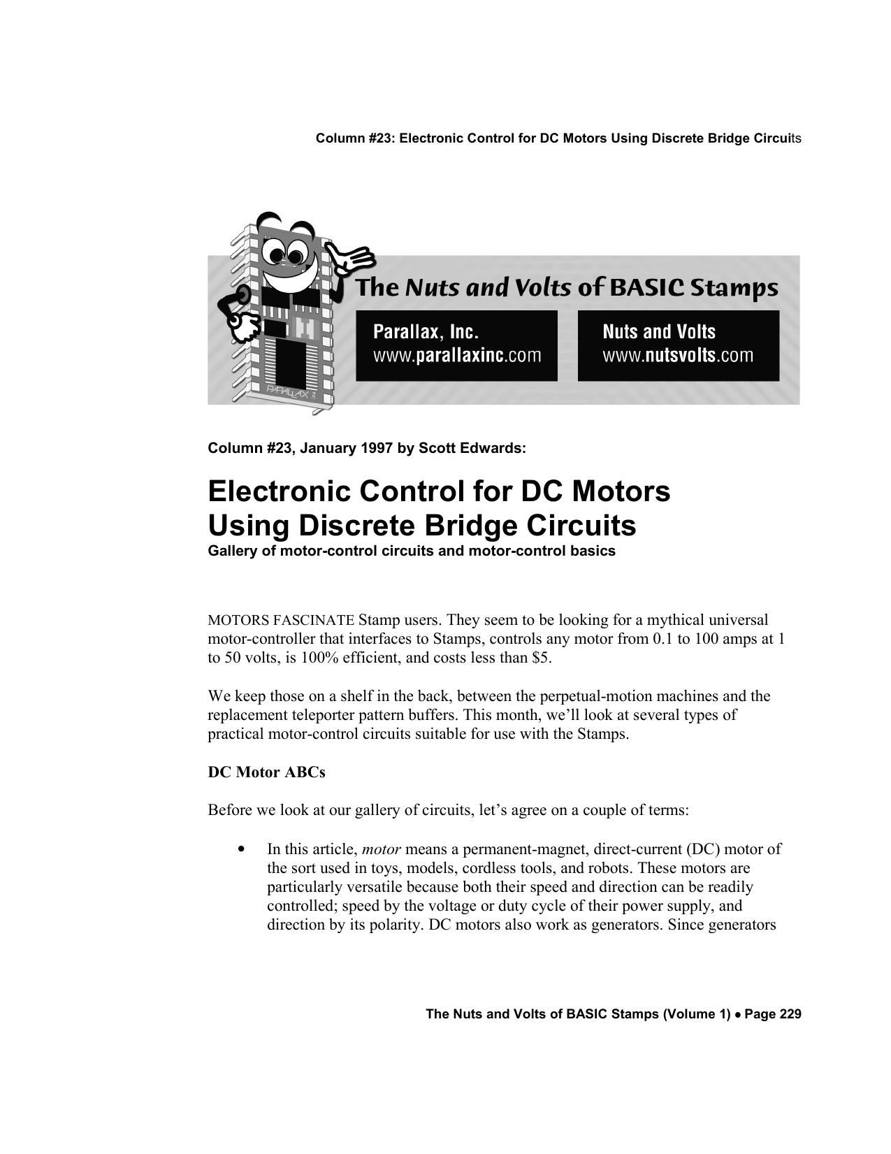 Electronic Contrrol for DC Motors Using Discrete Bridge Circuits - Gallery of Motor-Control Circuits and Motor-Control Basics by Scott Edwards