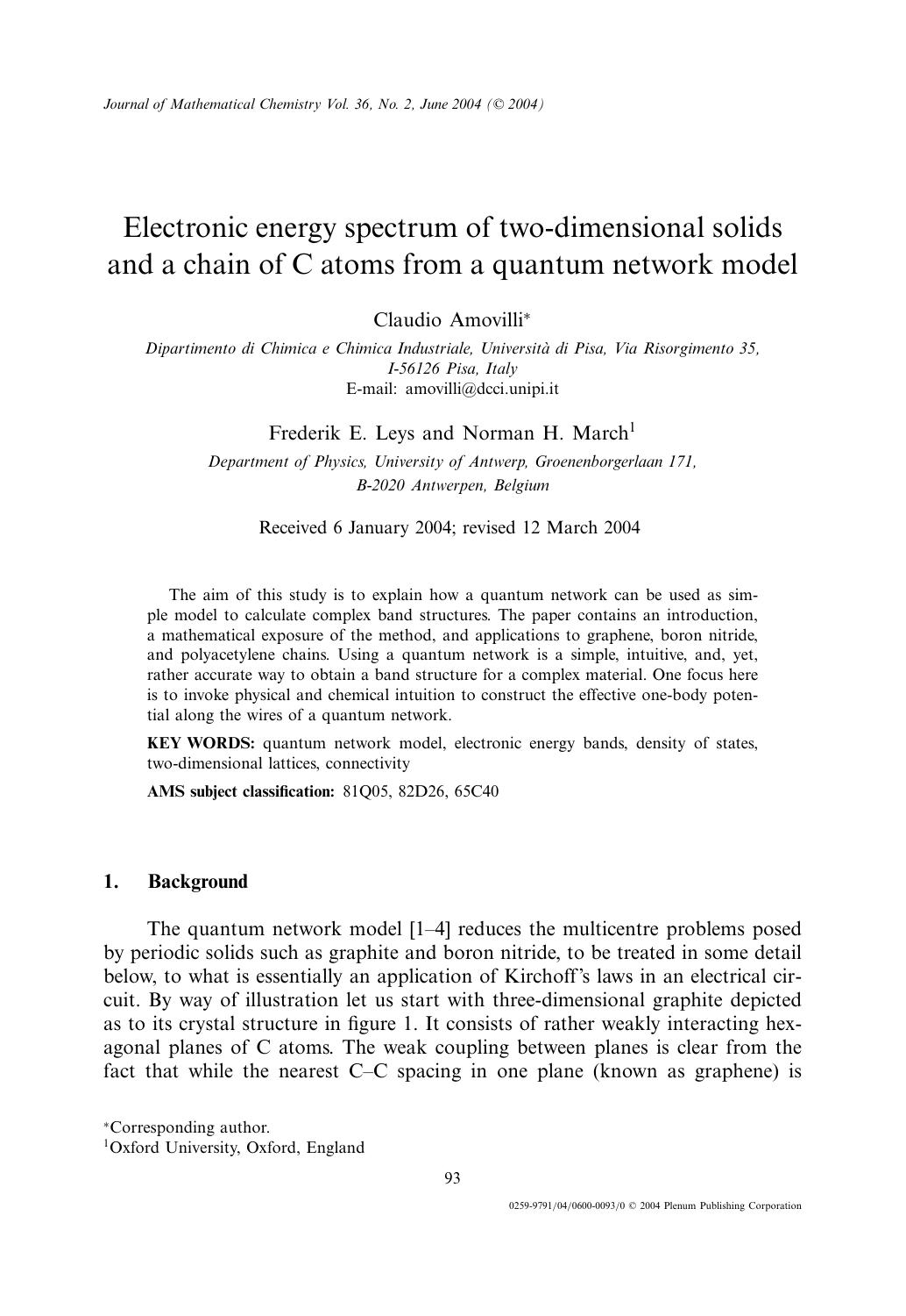 Electronic Energy Spectrum of Two-Dimensional Solids and a Chain of C Atoms from a Quantum Network Model by Unknown
