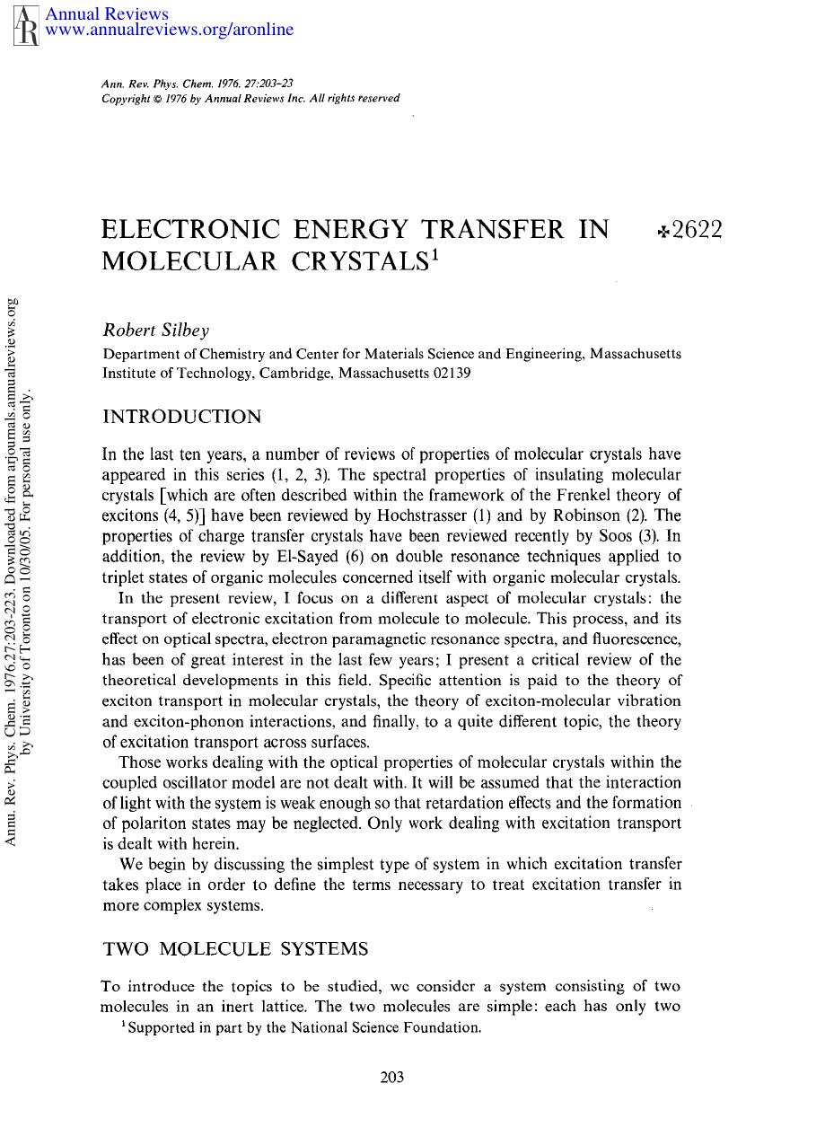 Electronic Energy Transfer in Molecular Crystals by R Silbey