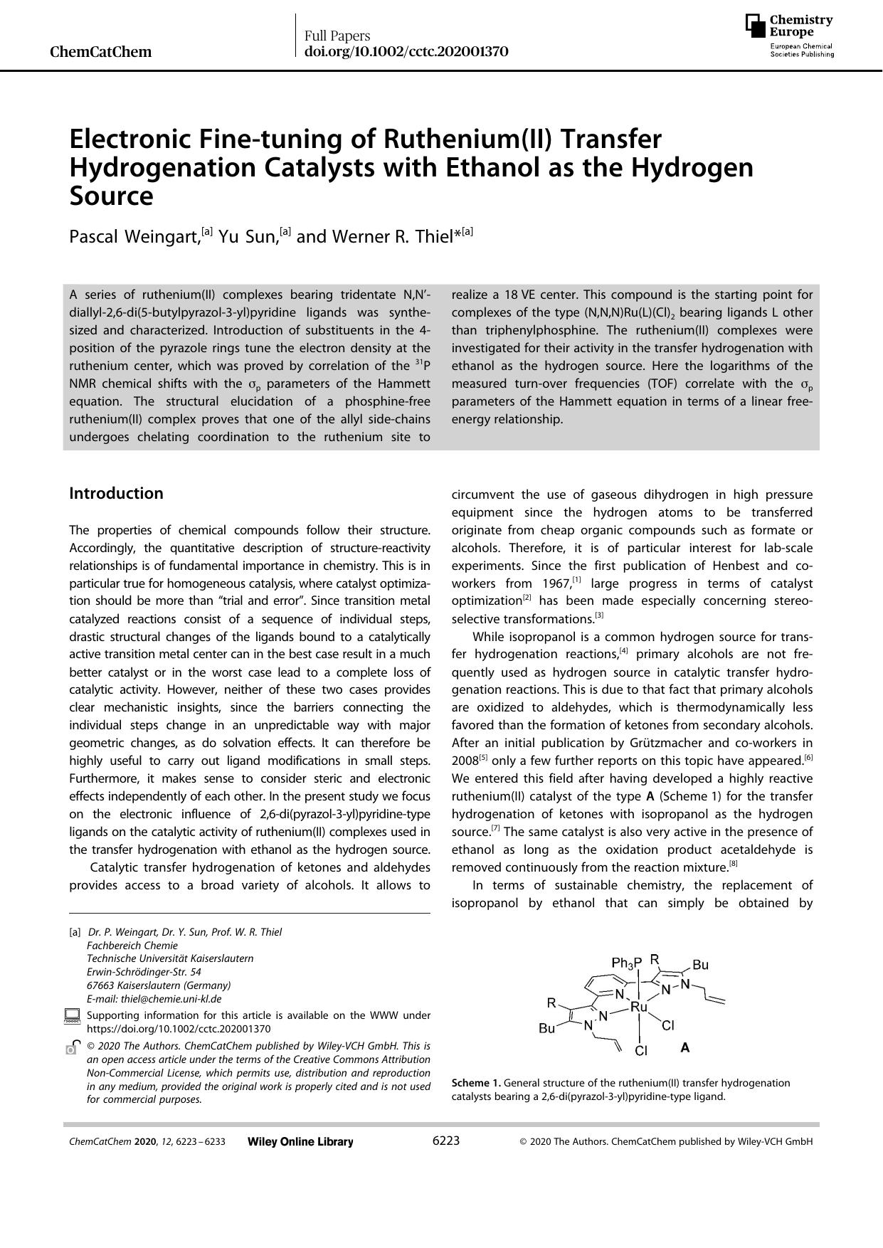 Electronic Fineâtuning of Ruthenium(II) Transfer Hydrogenation Catalysts with Ethanol as the Hydrogen Source by Unknown