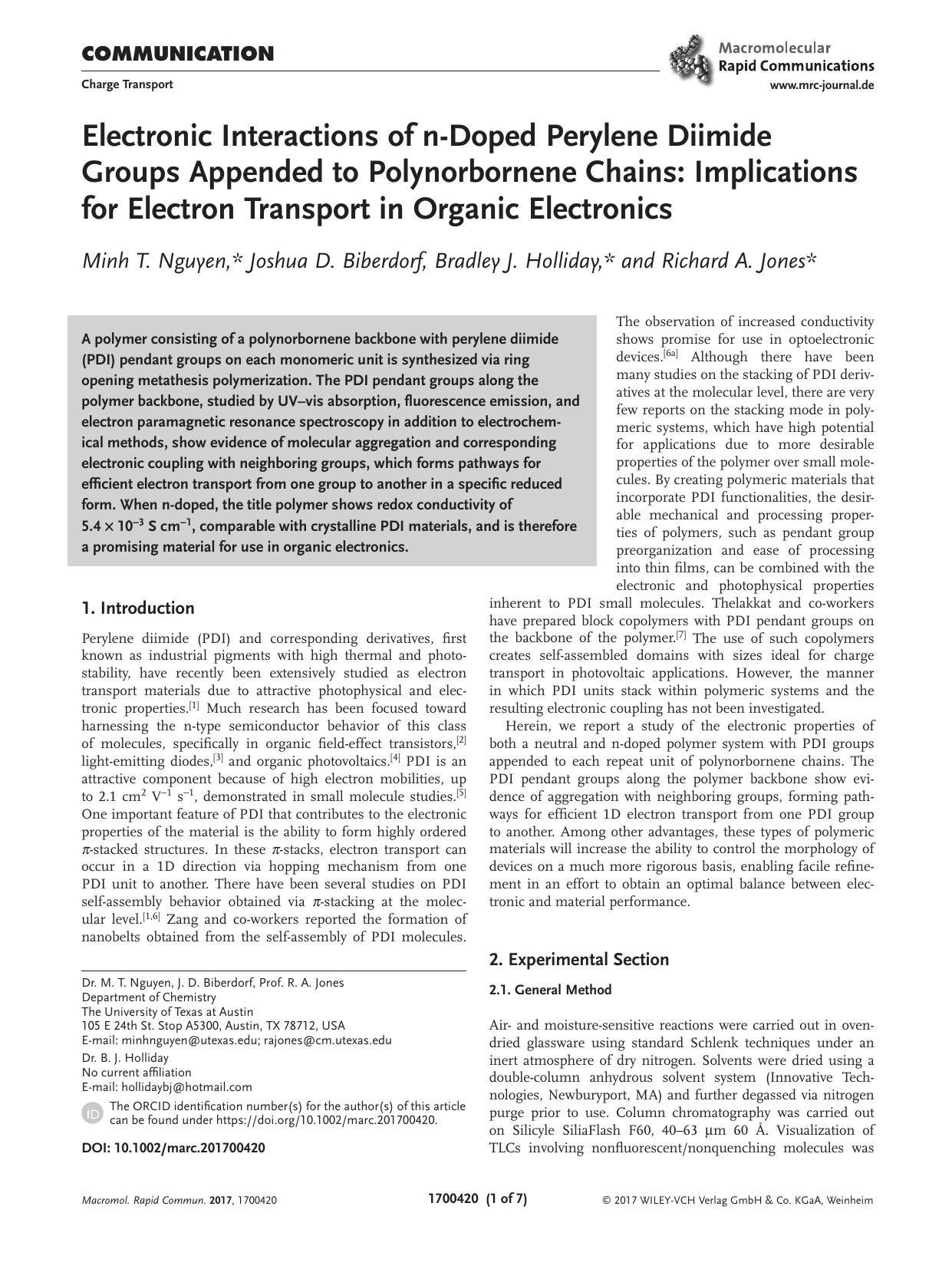 Electronic Interactions of n&#x02010;Doped Perylene Diimide Groups Appended to Polynorbornene Chains: Implications for Electron Transport in Organic Electronics by Unknown