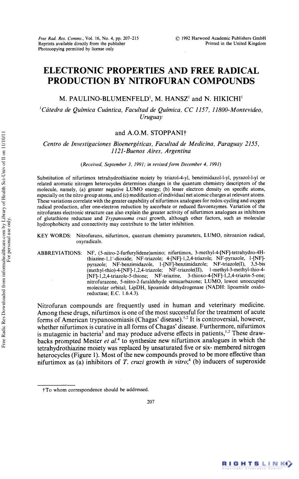 Electronic Properties and Free Radical Production by Nitrofuran Compounds by M. Paulino-blumenfeld1 M. Hansz1 N. Hikichi1 & A. O. M. Stoppani2†