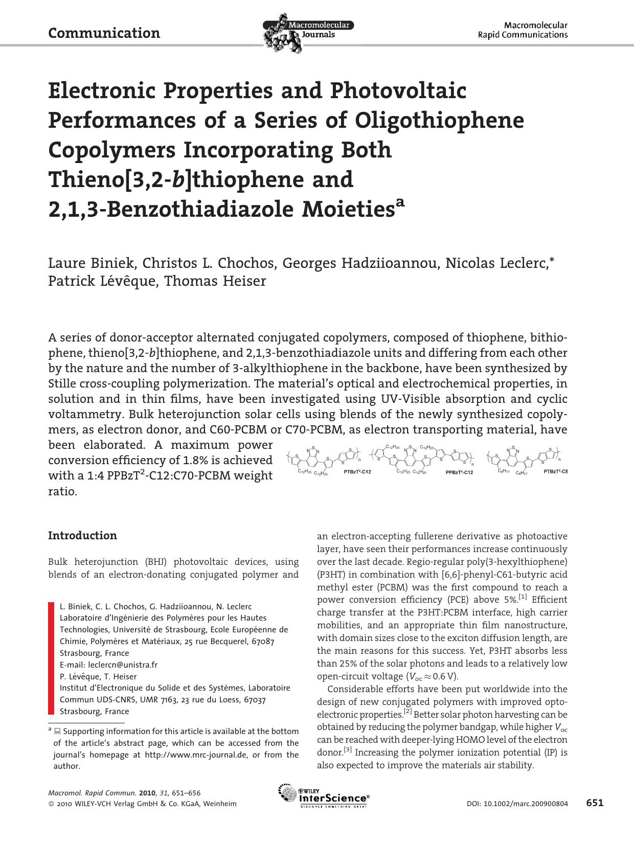 Electronic Properties and Photovoltaic Performances of a Series of Oligothiophene Copolymers Incorporating Both Thieno[3,2?b]thiophene and 2,1,3?Benzothiadiazole Moieties by Unknown