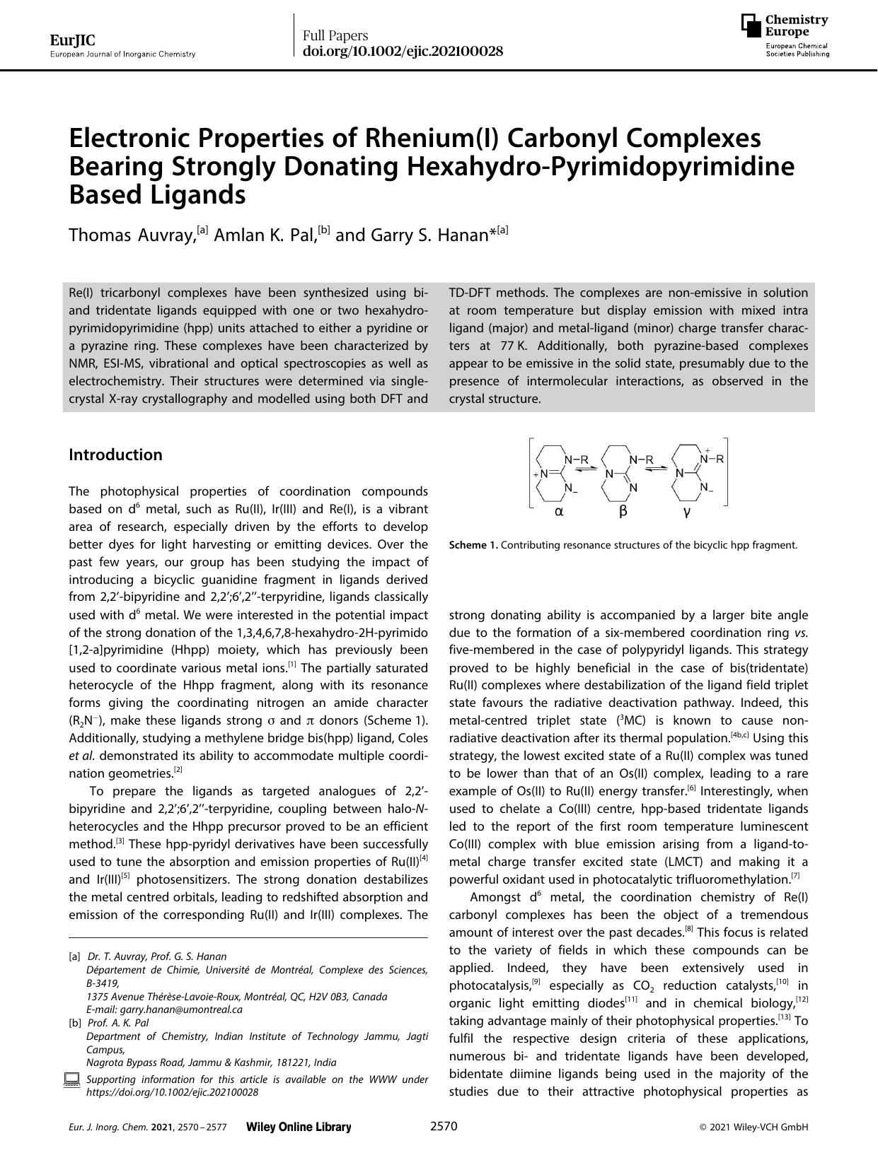 Electronic Properties of Rhenium(I) Carbonyl Complexes Bearing Strongly Donating HexahydroâPyrimidopyrimidine Based Ligands by Unknown