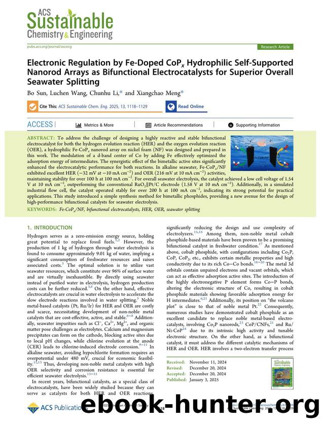 Electronic Regulation by Fe-Doped CoPx Hydrophilic Self-Supported Nanorod Arrays as Bifunctional Electrocatalysts for Superior Overall Seawater Splitting by Bo Sun Luchen Wang Chunhu Li and Xiangchao Meng