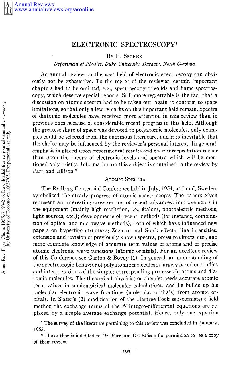Electronic Spectroscopy by H Sponer
