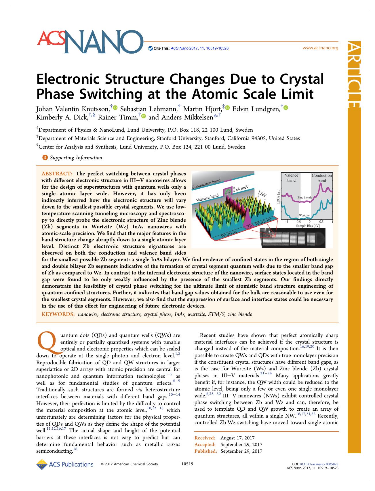 Electronic Structure Changes Due to Crystal Phase Switching at the Atomic Scale Limit by unknow