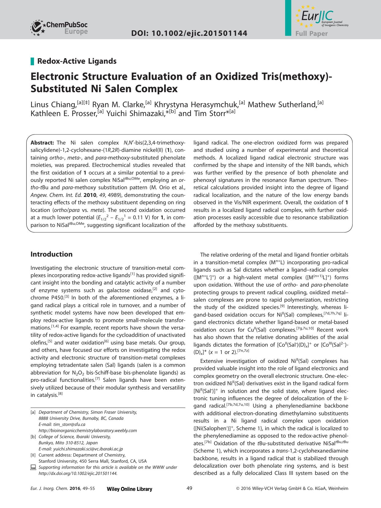 Electronic Structure Evaluation of an Oxidized Tris(methoxy)Substituted Ni Salen Complex by Unknown