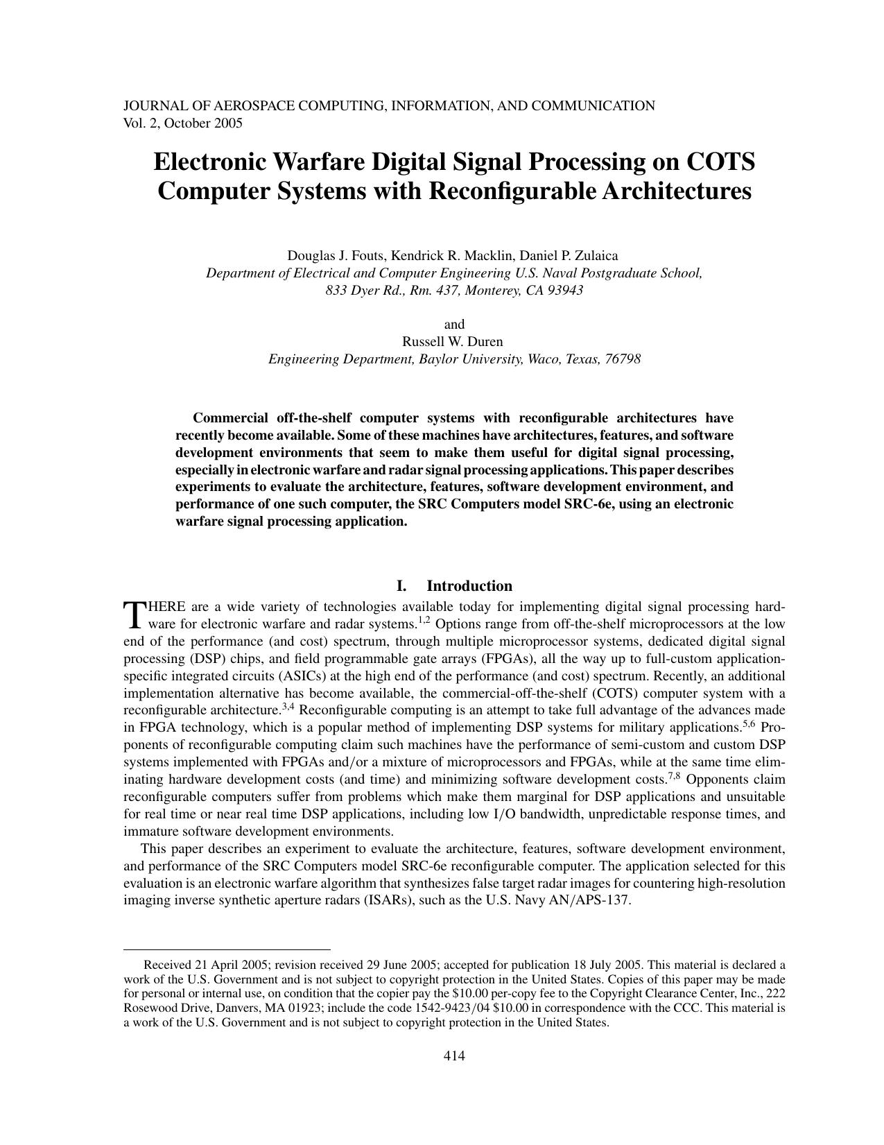 Electronic Warfare Digital Signal Processing on COTS Computer Systems with Reconfigurable Architectures by Fouts et al