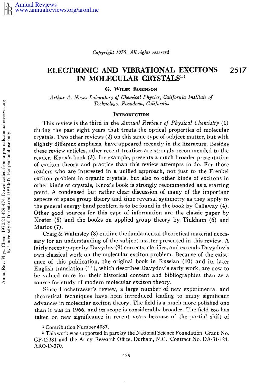 Electronic and Vibrational Excitons in Molecular Crystals by G W Robinson