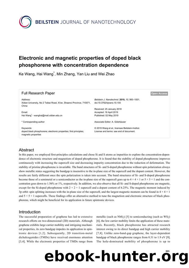 Electronic and magnetic properties of doped black phosphorene with concentration dependence by Ke Wang Hai Wang Min Zhang Yan Liu Wei Zhao