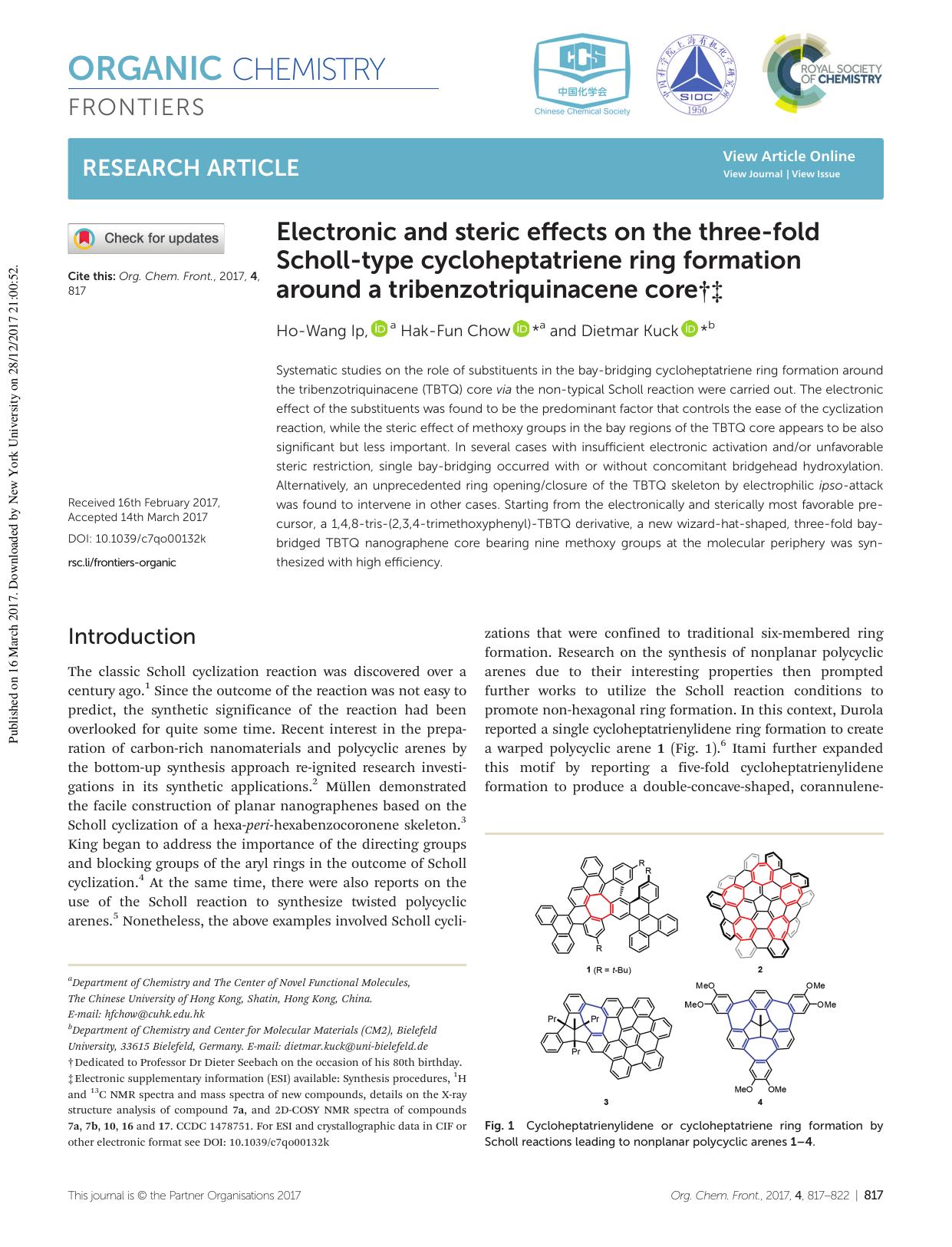 Electronic and steric effects on the three-fold Scholl-type cycloheptatriene ring formation around a tribenzotriquinacene core by Ho-Wang Ip Hak-Fun Chow Dietmar Kuck