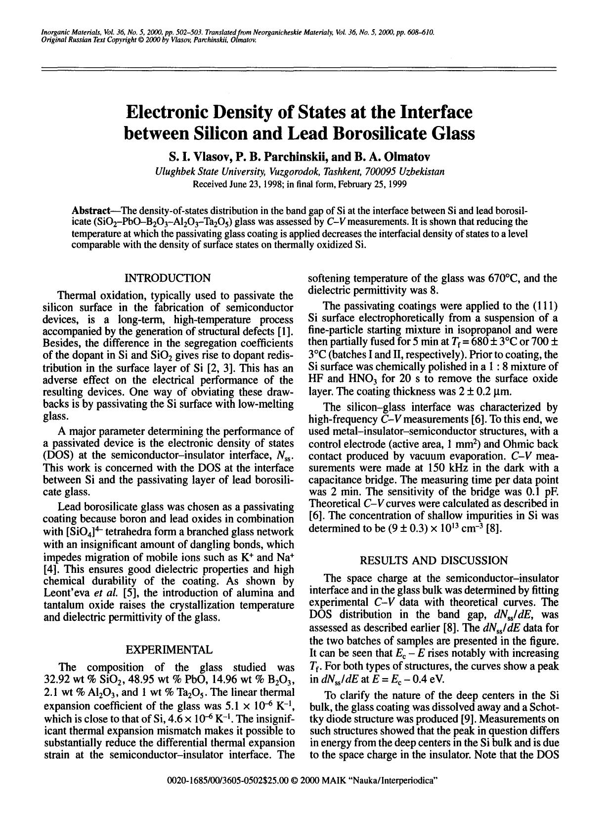 Electronic density of states at the interface between silicon and lead borosilicate glass by Unknown