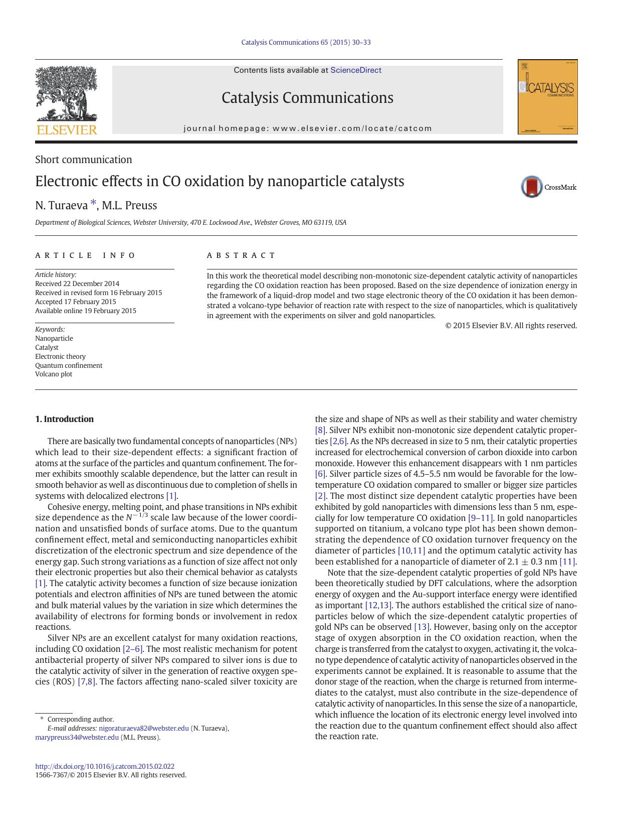 Electronic effects in CO oxidation by nanoparticle catalysts by N. Turaeva & M.L. Preuss