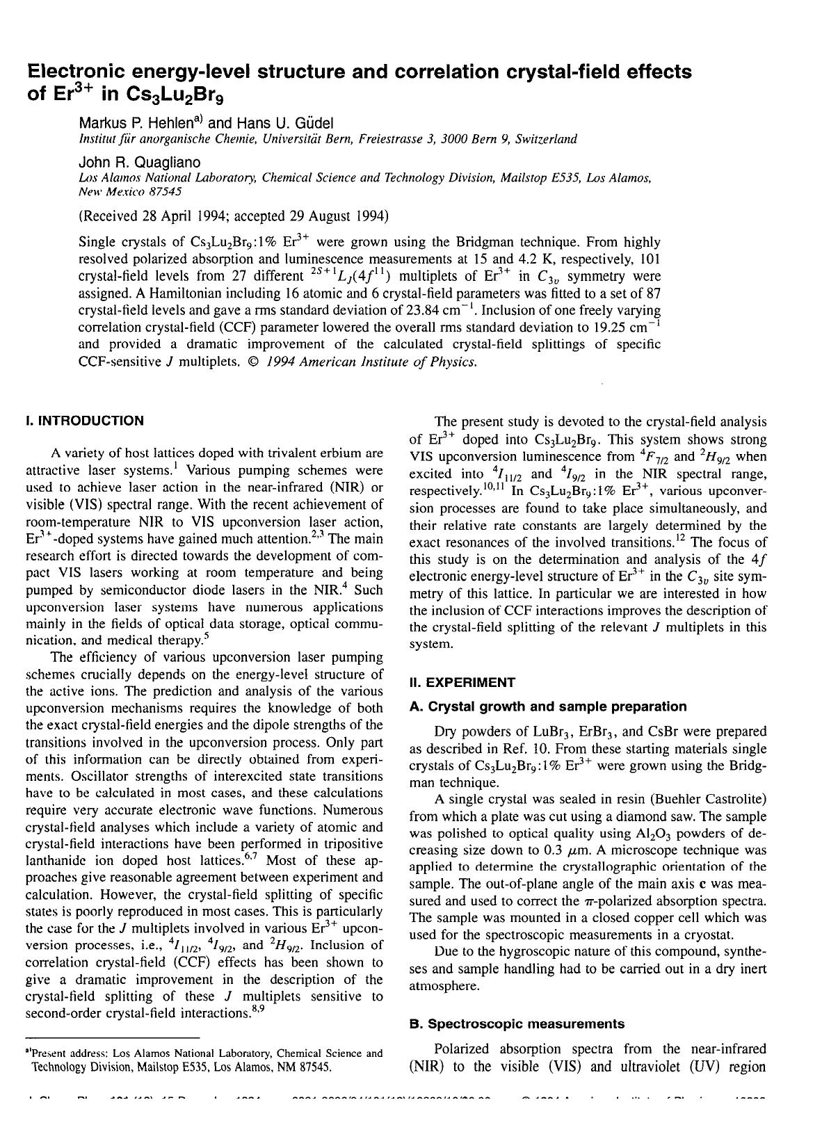 Electronic energy-level structure and correlation crystal-field effects of Er3+ in Cs3Lu2Br9 by Markus P. Hehlen; Hans U. Gudel; John R. Quagliano