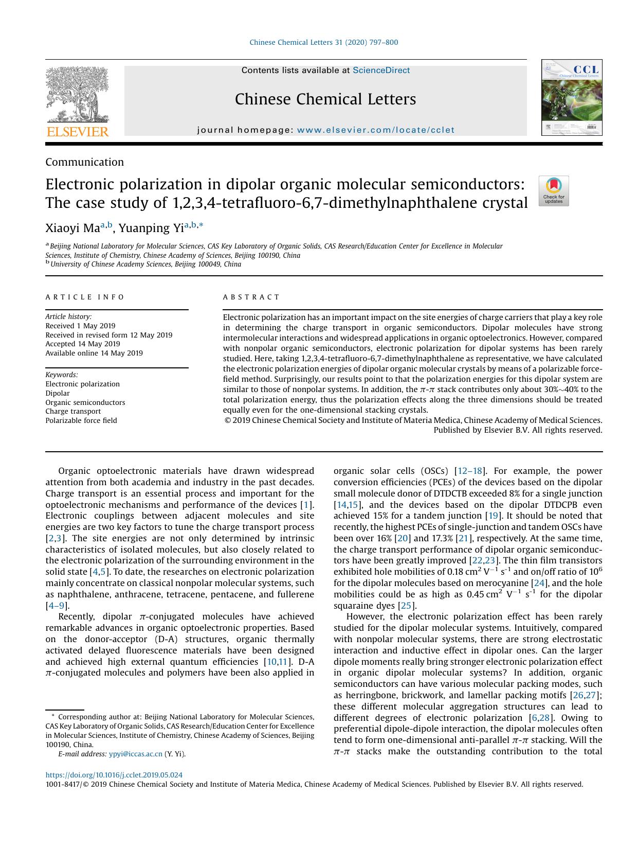 Electronic polarization in dipolar organic molecular semiconductors: The case study of 1,2,3,4-tetrafluoro-6,7-dimethylnaphthalene crystal by Xiaoyi Ma & Yuanping Yi