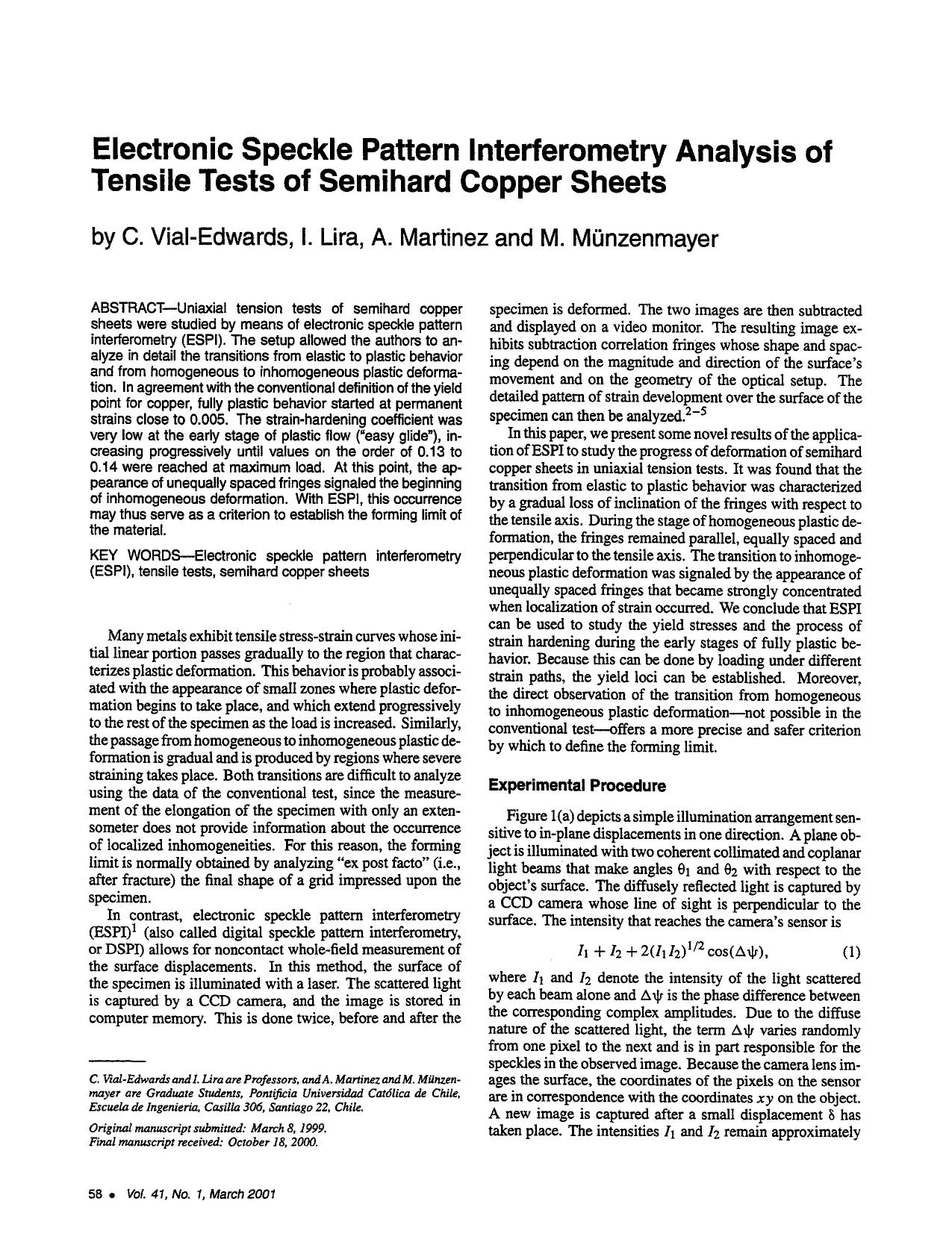 Electronic speckle pattern interferometry analysis of tensile tests of semihard copper sheets by Unknown