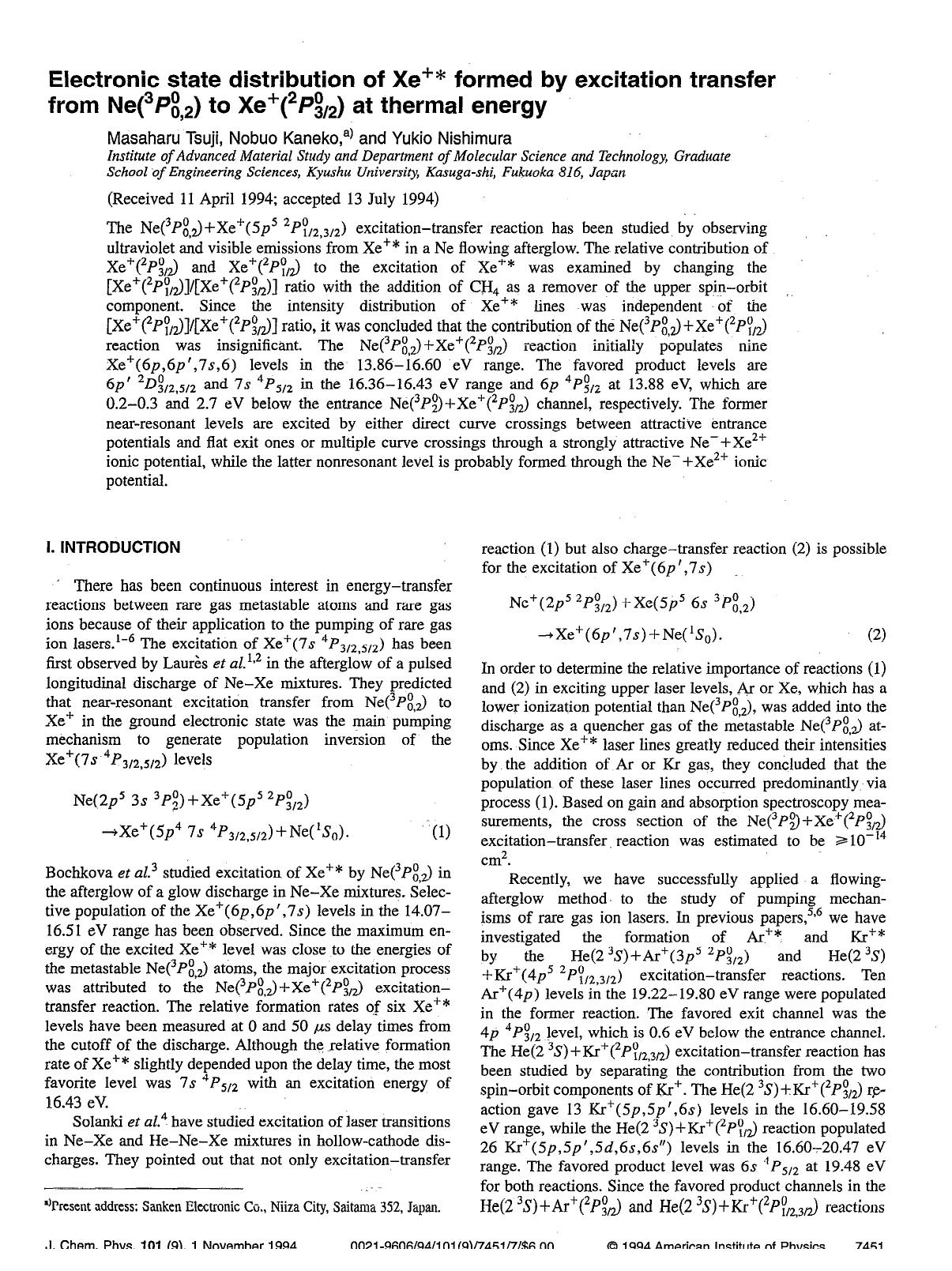 Electronic state distribution of Xe+* formed by excitation transfer from Ne(3P00,2) to Xe+(2P032) at thermal energy by Masaharu Tsuji; Nobuo Kaneko; Yukio Nishimura