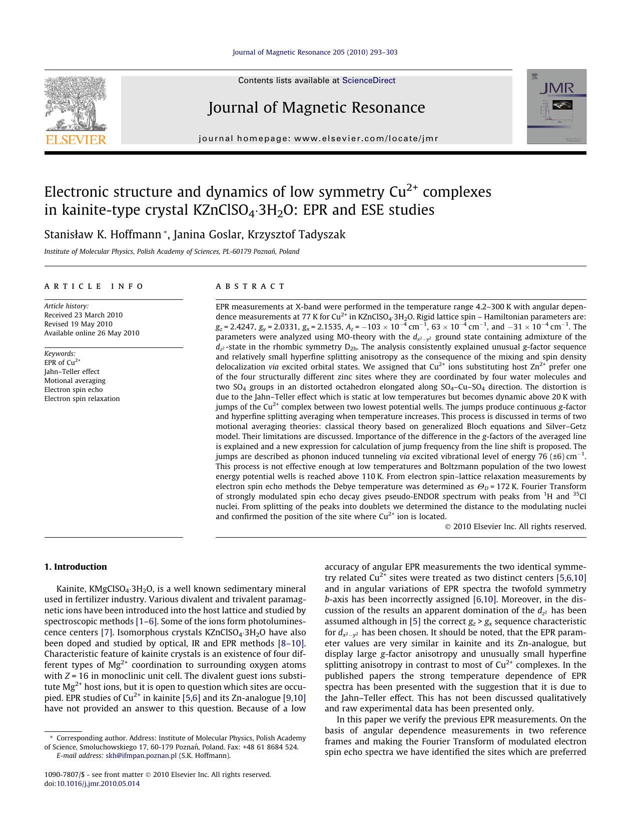 Electronic structure and dynamics of low symmetry Cu2+ complexes in kainite-type crystal KZnClSO4ÃÂ·3H2O: EPR and ESE studies by StanisÅ‚aw K. Hoffmann & Janina Goslar & Krzysztof Tadyszak