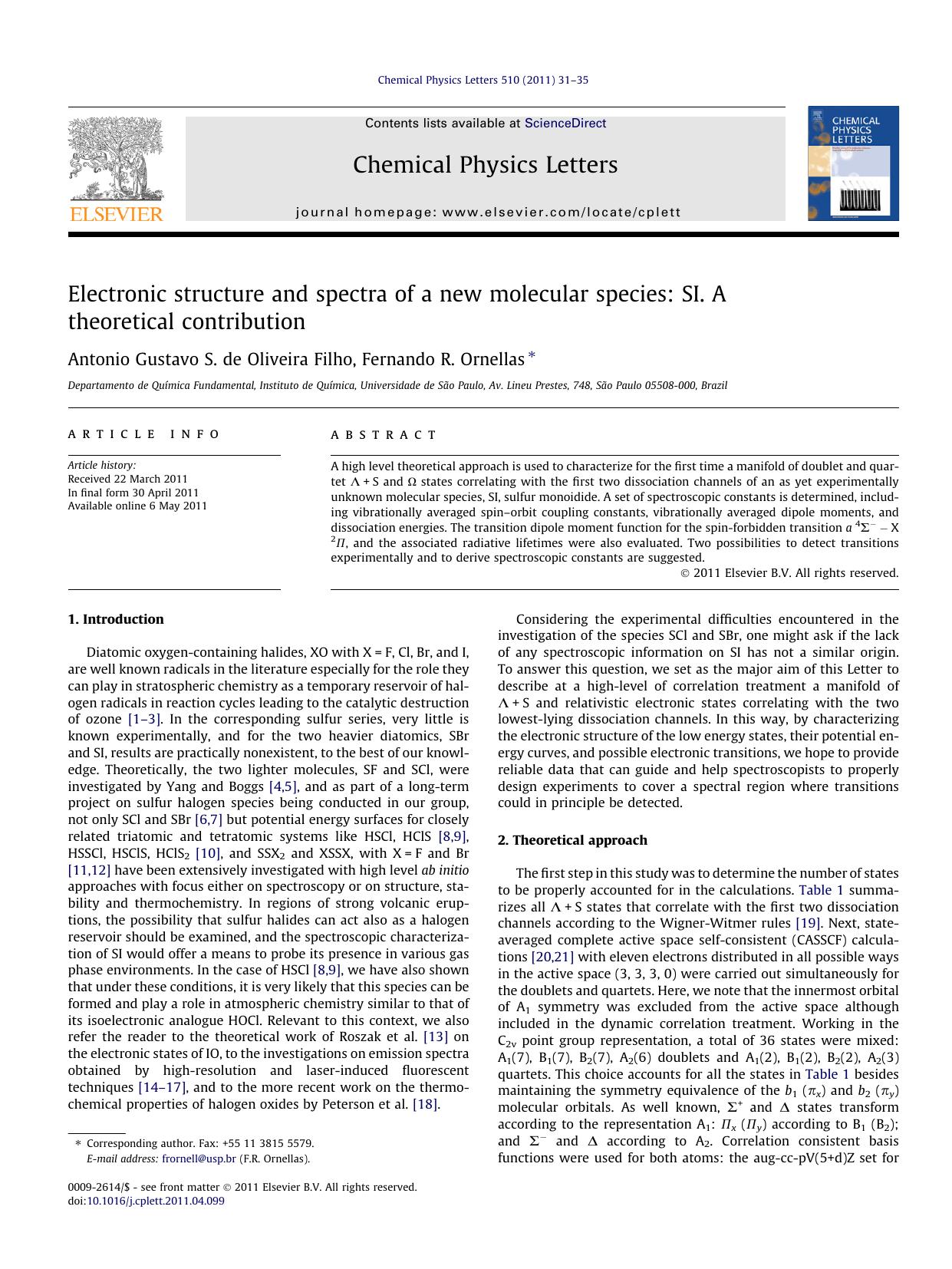 Electronic structure and spectra of a new molecular species: SI. A theoretical contribution by Antonio Gustavo S. de Oliveira Filho & Fernando R. Ornellas