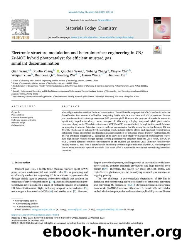 Electronic structure modulation and heterointerface engineering in CNZr-MOF hybrid photocatalyst for efficient mustard gas simulant decontamination by unknow