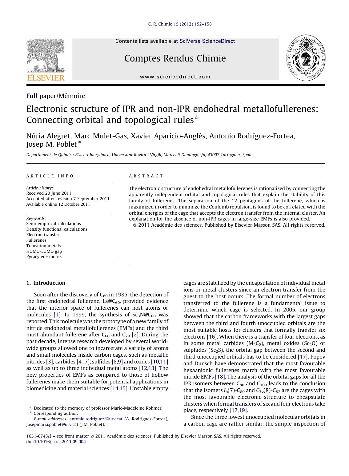 Electronic structure of IPR and non-IPR endohedral metallofullerenes: Connecting orbital and topological rules by Núria Alegret