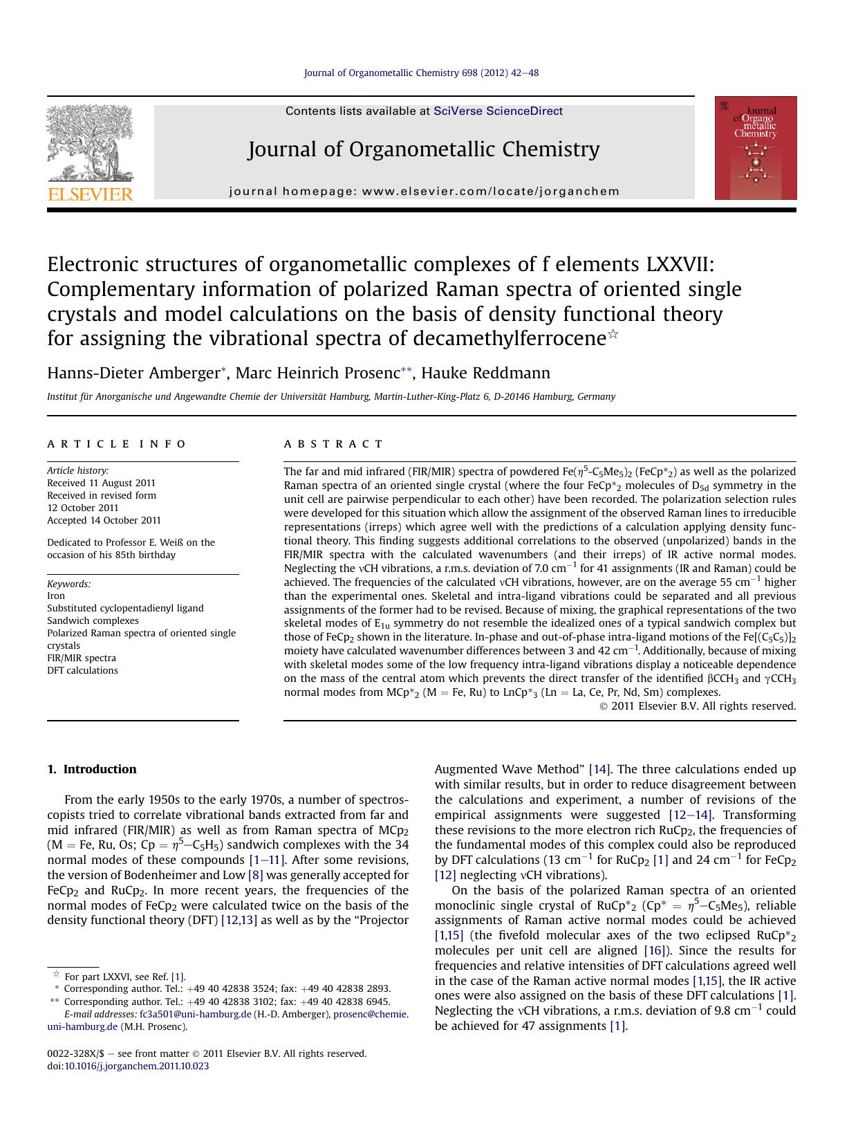 Electronic structures of organometallic complexes of f elements LXXVII: Complementary information of polarized Raman spectra of oriented single crystals and model calculations on t by Hanns-Dieter Amberger & Marc Heinrich Prosenc & Hauke Reddmann