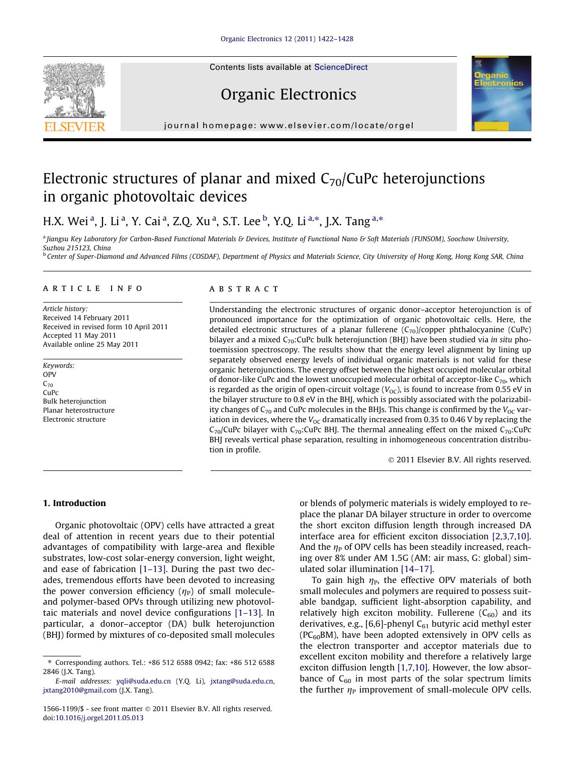 Electronic structures of planar and mixed C70CuPc heterojunctions in organic photovoltaic devices by H.X. Wei & J. Li & Y. Cai & Z.Q. Xu & S.T. Lee & Y.Q. Li & J.X. Tang