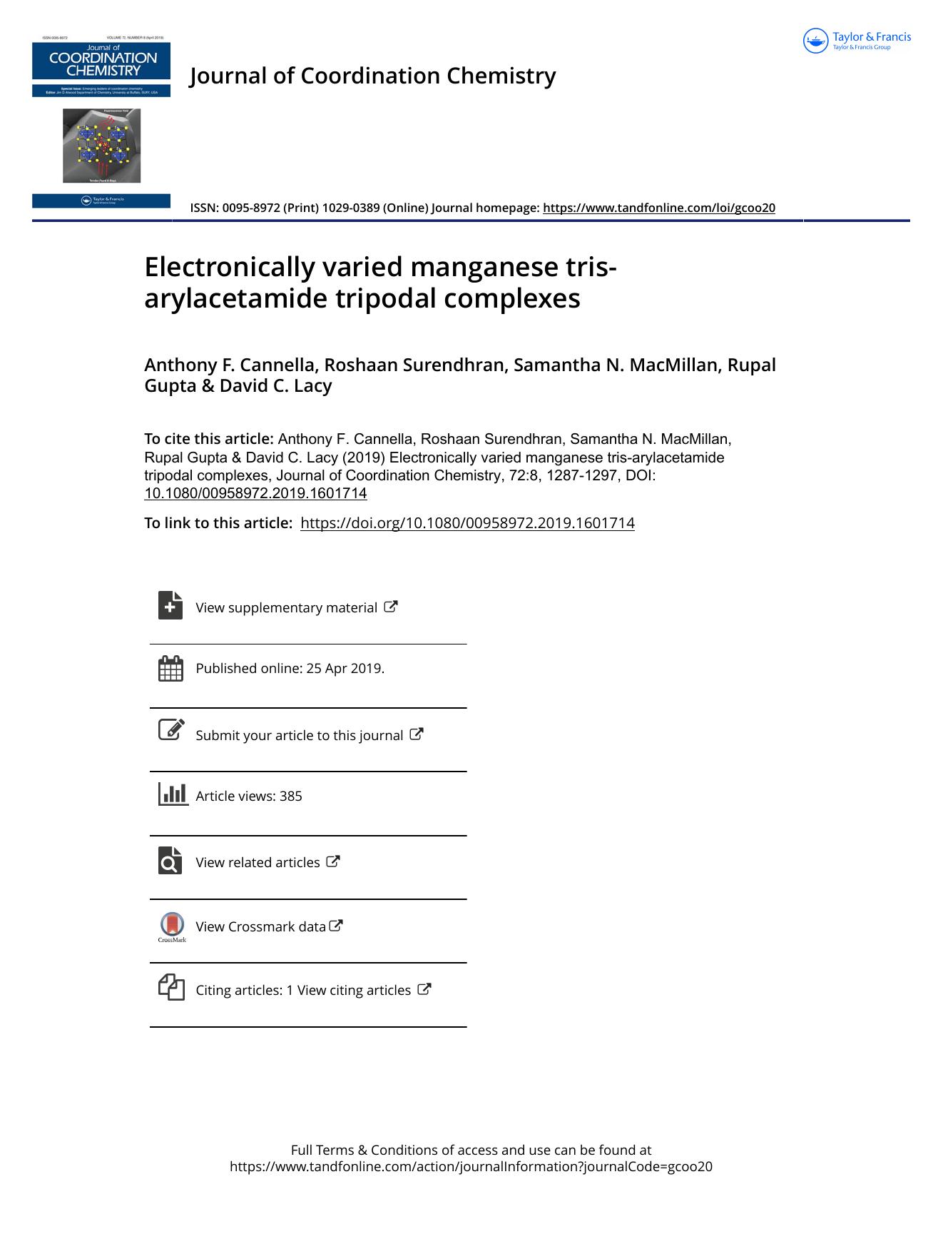 Electronically varied manganese tris-arylacetamide tripodal complexes by Cannella Anthony F. & Surendhran Roshaan & MacMillan Samantha N. & Gupta Rupal & Lacy David C