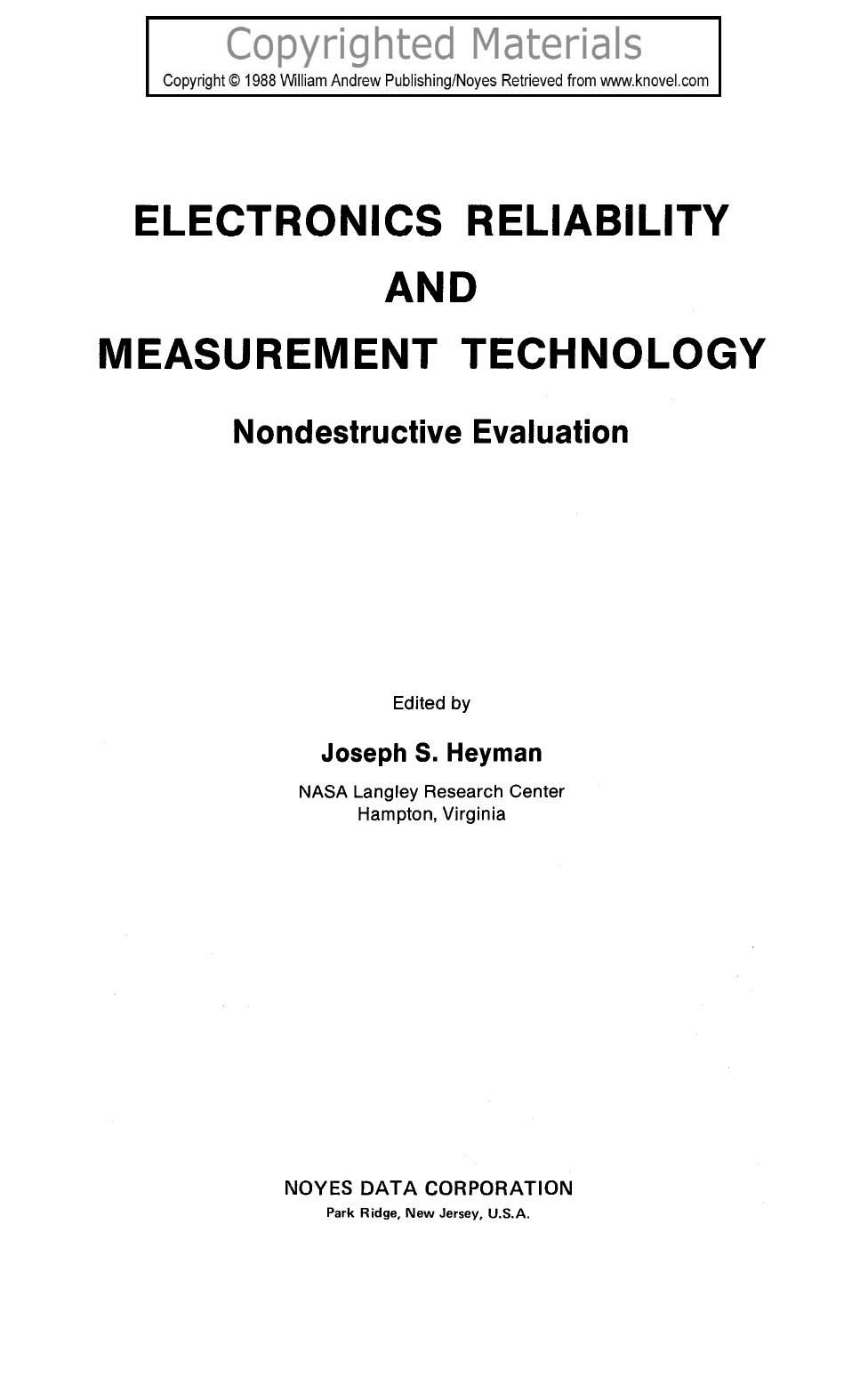 Electronics Reliability and Measurement Technology - Nondestructive Evaluation by Heyman J.S