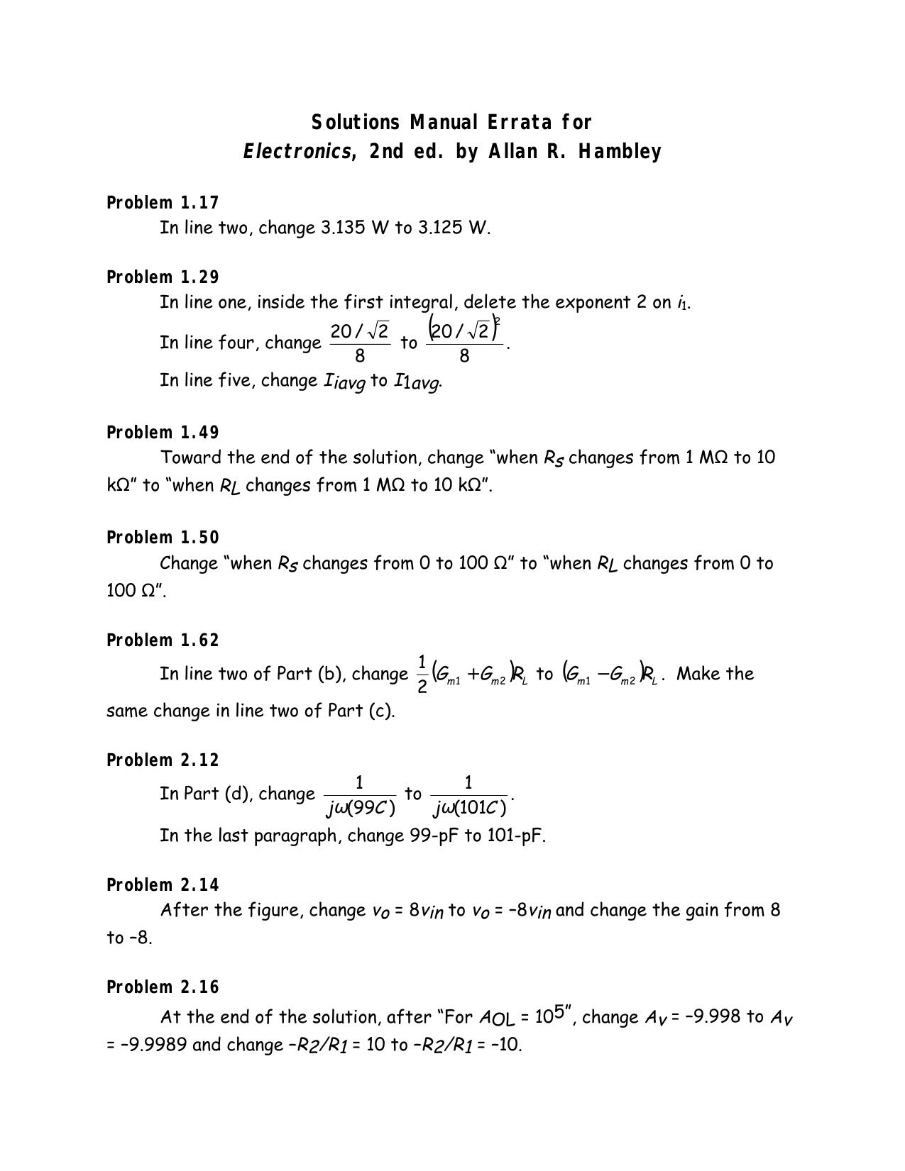 Electronics Solutions manual by Hambley