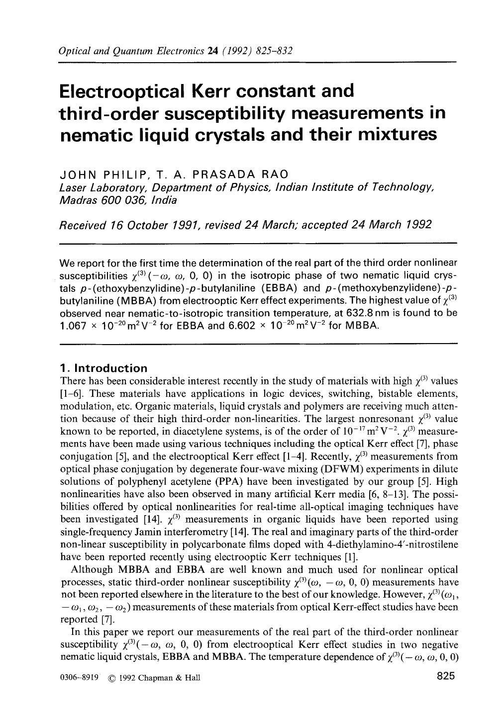 Electrooptical Kerr constant and third-order susceptibility measurements in nematic liquid crystals and their mixtures by Unknown
