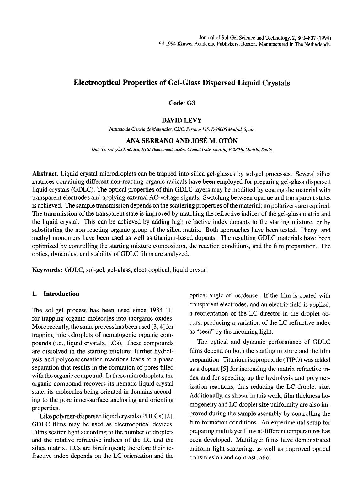 Electrooptical properties of gel-glass dispersed liquid crystals by Unknown