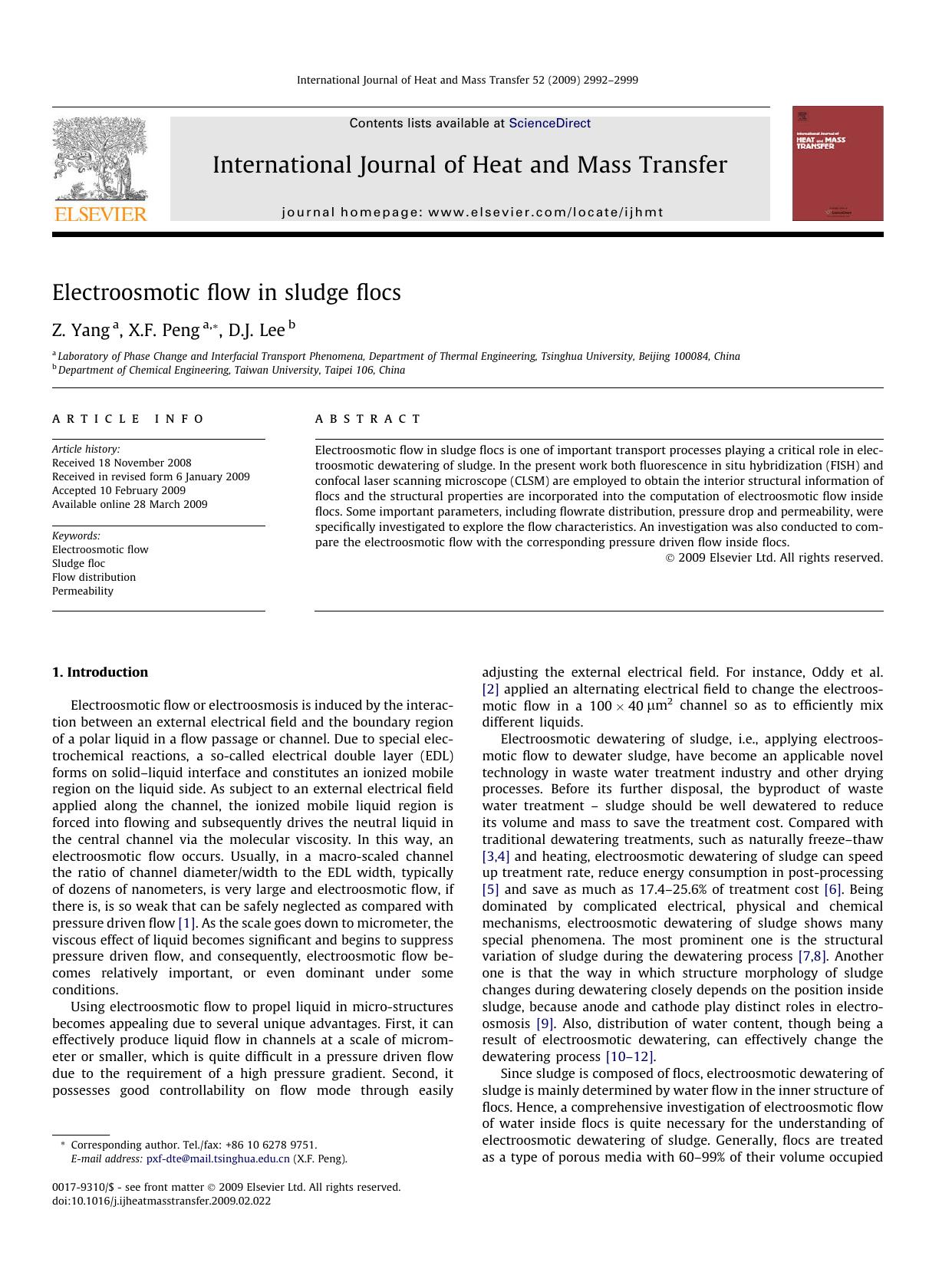 Electroosmotic flow in sludge flocs by Z. Yang; X.F. Peng; D.J. Lee