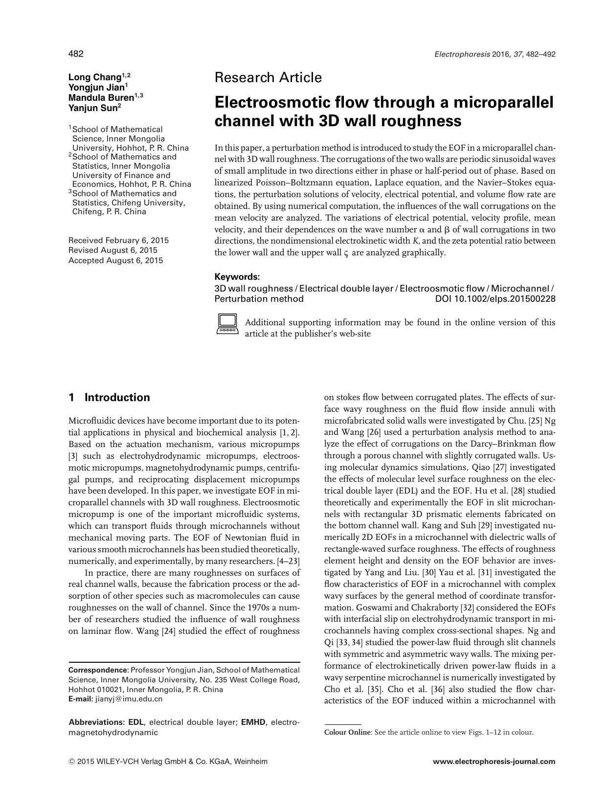Electroosmotic flow through a microparallel channel with 3D wall roughness by Unknown