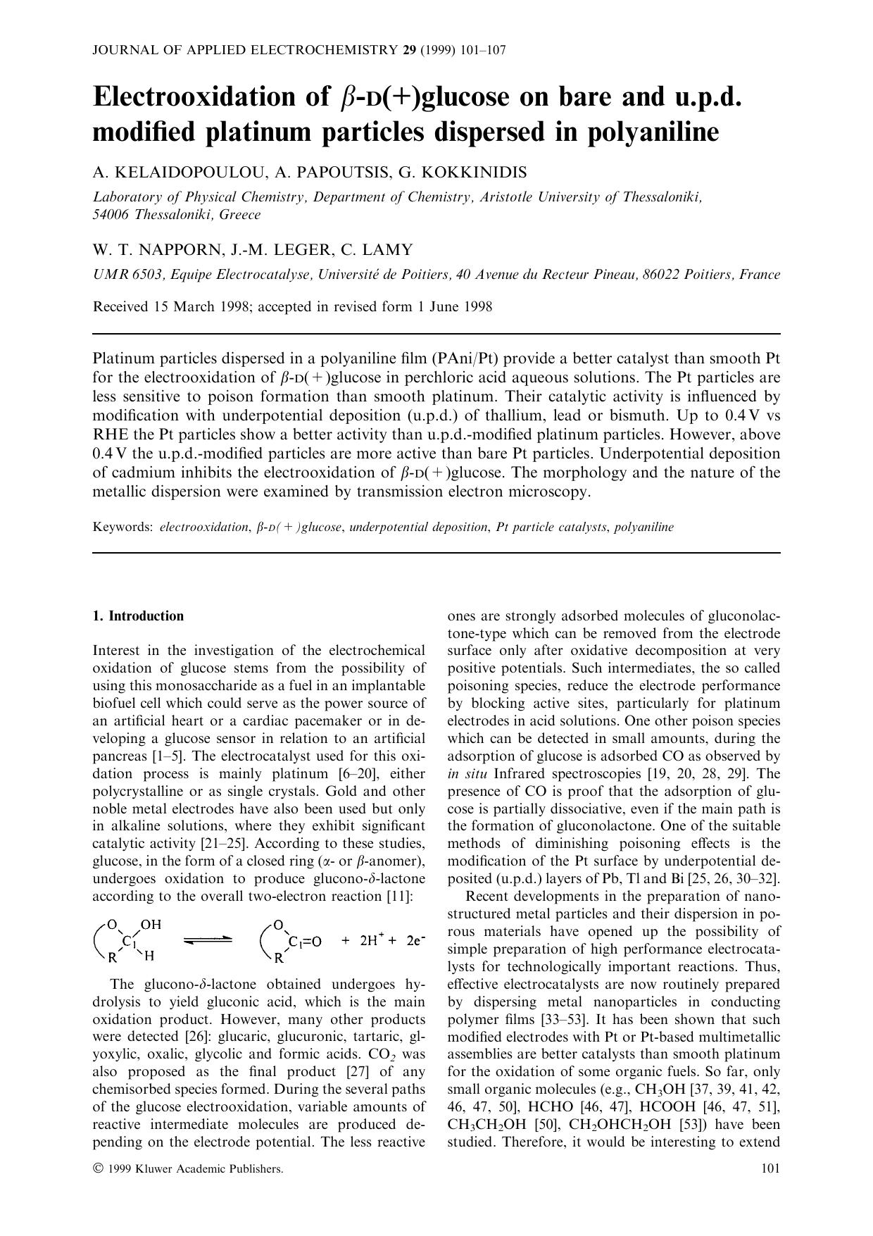 Electrooxidation of β-D(+)glucose on bare and u.p.d. modified platinum particles dispersed in polyaniline by Unknown