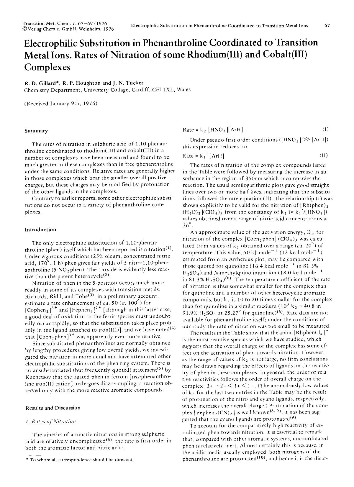 Electrophilic substitution in phenanthroline coordinated to transition metal ions. Rates of nitration of some rhodium(III) and cobalt(III) complexes by Unknown