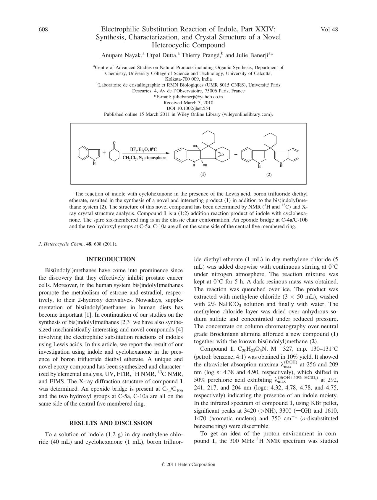 Electrophilic substitution reaction of indole, part XXIV: Synthesis, characterization, and crystal structure of a novel heterocyclic compound by Unknown