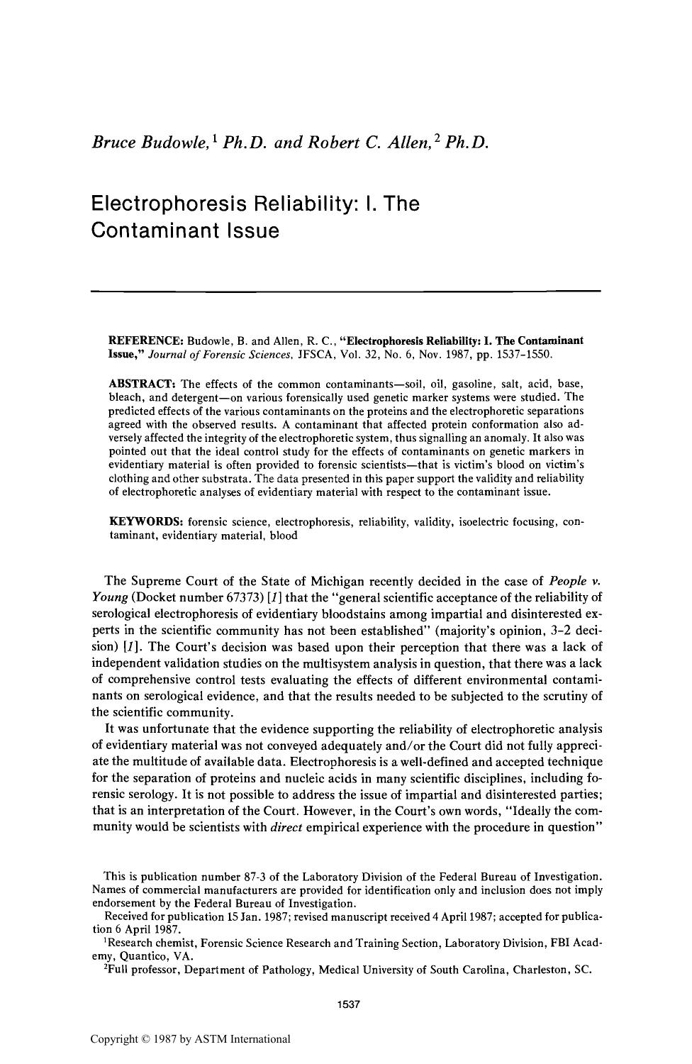 Electrophoresis Reliability: I. The Contaminant Issue by Budowle B Allen RC