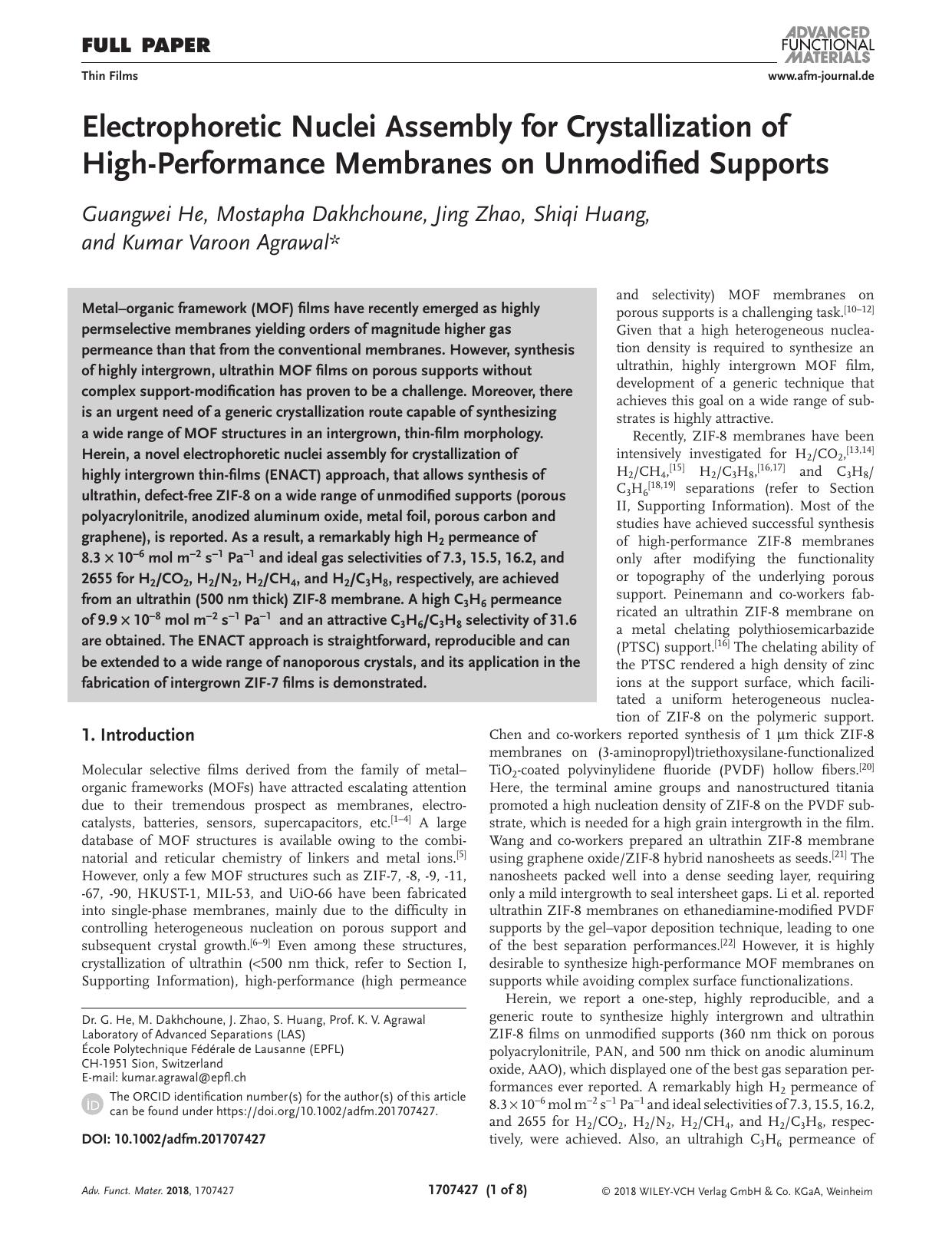 Electrophoretic Nuclei Assembly for Crystallization of High‐Performance Membranes on Unmodified Supports by Unknown
