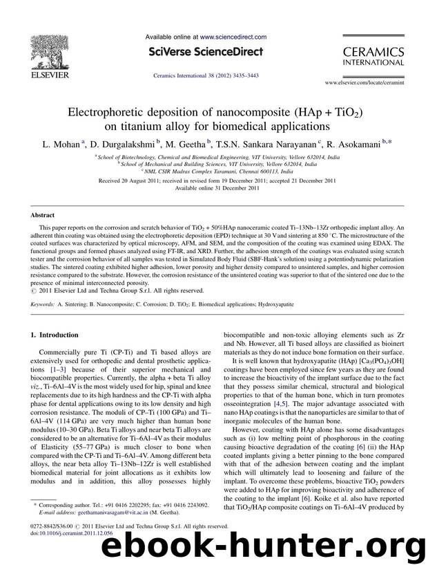 Electrophoretic deposition of nanocomposite (HAp+TiO2) on titanium alloy for biomedical applications by L. Mohan