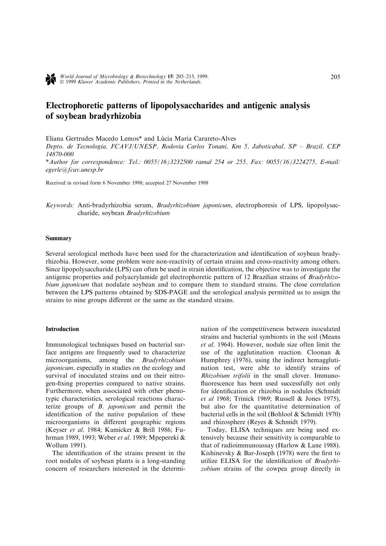 Electrophoretic patterns of lipopolysaccharides and antigenic analysis of soybean bradyrhizobia by Unknown